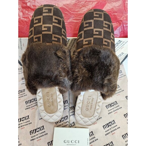 NEW GUCCI Men\'s Square G Fur Slippers Brown GG Monogram Slides Size 8 Italy main image 11
